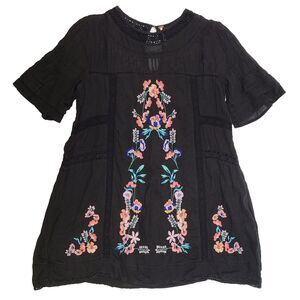 Free People Black Lace Trim Mini Dress Ruffle Short Sleeve Boho Size Medium